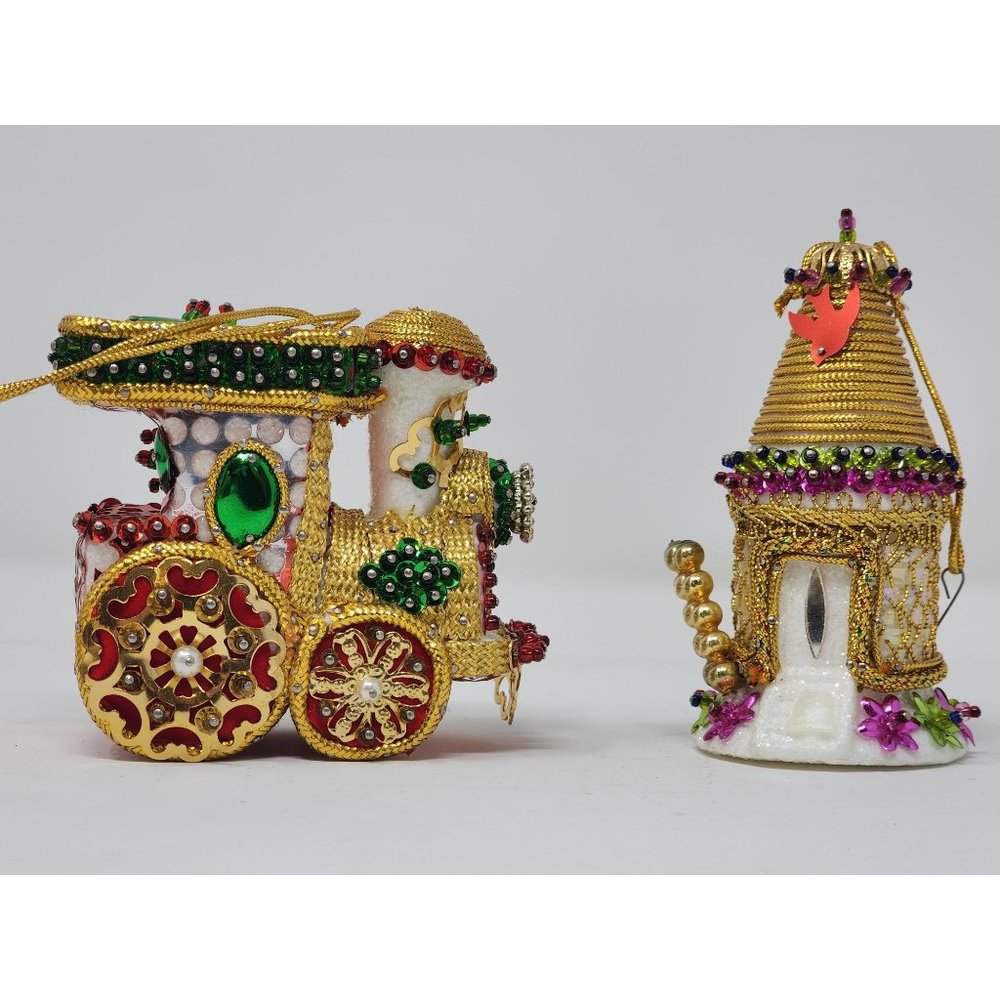Beautiful Vintage Bead And Sequin Cottage And Christmas‎ Train Ornaments